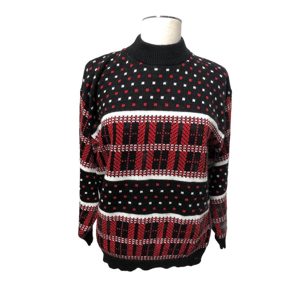 Vintage 1980 Sweater Black White Red 80s Knit fashion Funky Print Knitted USA